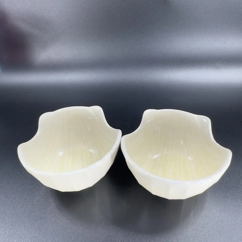 Pier 1 Imports Ivory Crackle Glaze Ceramic Shell Shape Dish Small Bowl Set 2 VTG